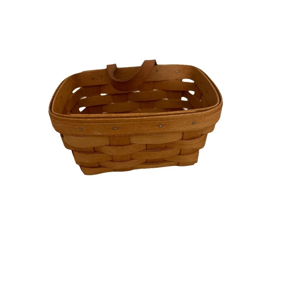 Longaberger Brown Wooden‎ Handwoven Leather Strap Hanging Basket 1995 Signed